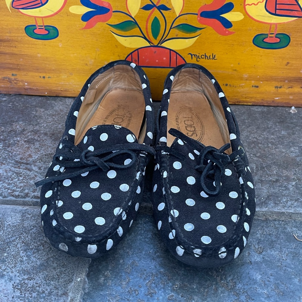 Tod’s Black & White Polka Dot Driving Loafers 34.5